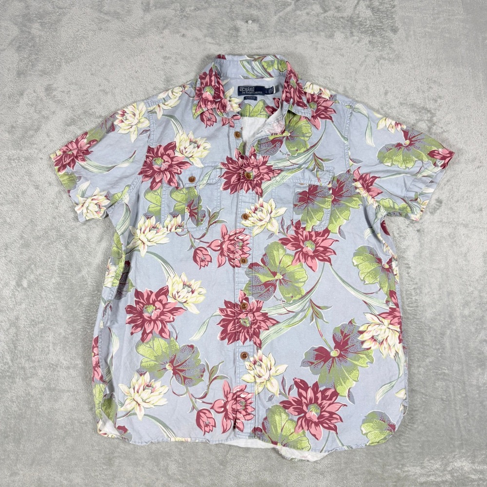 Polo Ralph Lauren Mens L Button Down Tropical Floral Linen Blend Camp Hawaiian